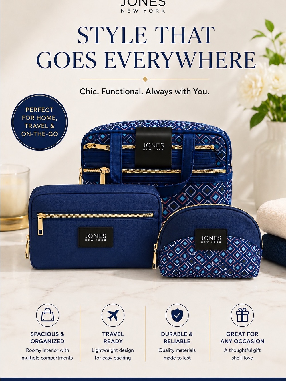 Jones New York Blue 3-Piece Cosmetic Bag Set with Gold Accents
